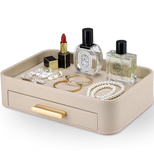GORESE Valet Jewelry Tray Nightstand Organizer with Drawer, PU Leather Perfume Tray Trinket Trays for Vanity Bathroom Entryway, Catchall Trays for Key Purse Watch Cologne, Gift for Women Men, Beige - color: Beige