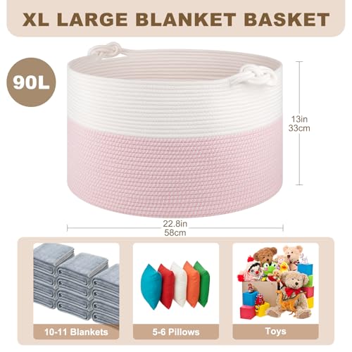 OIASKET Large Blanket Storage Basket for Living Room, 22.8" x 22.8" x 13" Woven Cotton Rope Basket with Handles, Baby Toy Storage, Laundry Hamper for Clothes, Pillows, Towels-Pink and White - color: Pink & White, size: 90L