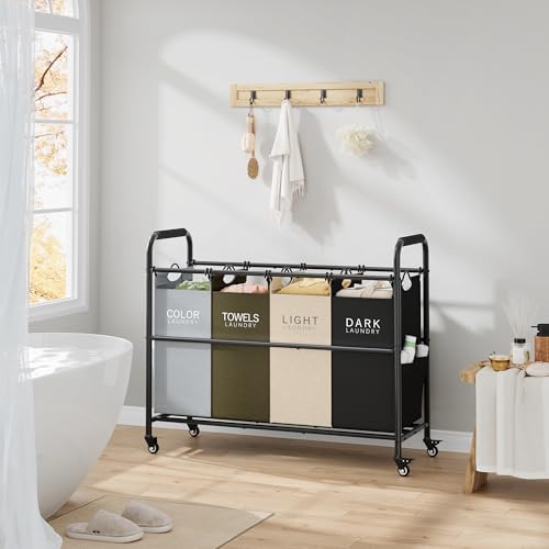Tajsoon 4 Bag Laundry Sorter Cart, 4 Section Laundry Hamper Sorter with Heavy Duty Lockable Rolling Wheels, Laundry Separator Hamper with Removable Bags for Dirty Clothes Storage, 4 Colors - color: GreyGreenWhiteBlack