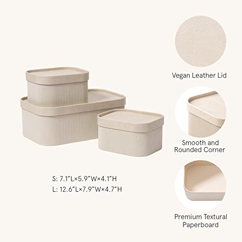 LA JOLIE MUSE Fluted Cardboard Storage Baskets with Leather-Like Lids, Sturdy Stackable Paper Boxes Decorative Tray, Light Grey, Set of 3 - color: Gray
