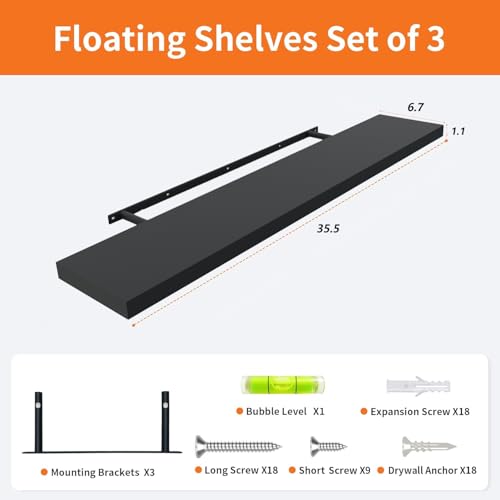 Upassion Floating Shelves for Wall Set of 3, 36" Black Wall Shelves for Home Decor, Frame Display Black Floating Shelf for Living Room, Bedroom, Bathroom, Kitchen - color: Black, size: 36 Inch