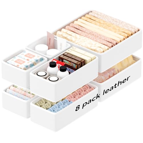 Vegan Leather Drawer Organizers,8 Pack Makeup Storage boxes,Vanity Drawer Luxury upgrade,Bedroom fabric Drawers replacement,bathroom organization and storage Optimal solution - color: beige, size: 8 pack