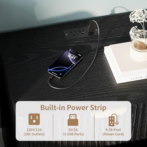 Fluted Nightstand with Charging Station, 22.8Inch Wide Bedside Table End Table with Drawer, Curved Corners, Modern Bedside Table for Bedroom, Living Room, Sofa, Black - color: Rectangle - Black