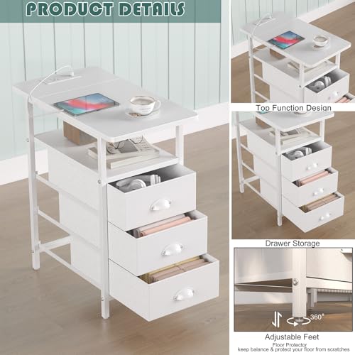 sthmec End Table with Charging Station, Side Tables Livingroom with USB Ports and Outlets,Narrow Nightstands Bedside Tables with 3 Drawers PU Finish for Small Space,Slim Sofa Table Bedroom,White - color: White, size: 11.75'' W*21'' D* 24.3'' H, style: Pow