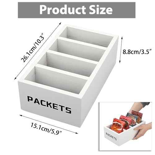 BSTKEY Seasoning Packet Organizer, Food Packet Storage Organizer with 4 Compartments, White Wooden Storage Caddy for Kitchen Pantry Cabinet, Farmhouse Kitchen Organization Bins for Snack Spice Packets - color: White