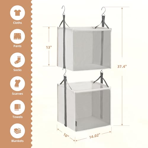 STORAGE MANIAC 2-Shelf Hanging Closet Organizer, Cloth Hanging Closet Shelf, Hanging Closets Baskets with Hooks for Dorm, Apt, Bedroom, College, Garment Rack, Wardrobe, Fabric with Mesh, Ivory - style: Ivory