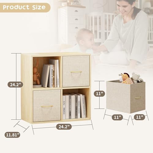 4 Cube Storage Organizer - Solid Wood Bookshelf with 2 Storage Bins, Cube Shelf with 2 Removable Back Panels, Vertical or Horizontal Bookcase, Open Book Shelf for Bedroom, Living Room, Office - size: 4 Cube Shelf