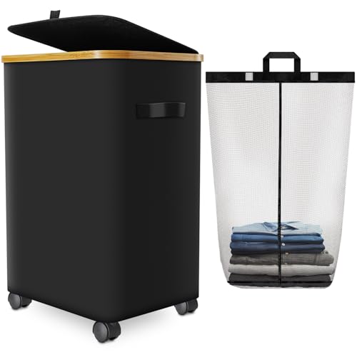 Laundry Hamper with Wheels,20 Gal (75L) Laundry Basket with lid Rolling Clothes Hamper Foldable Dirty Clothes Basket on wheels with Bamboo Frame and Bag for Bedroom, Dorm, Laundry Room-Black - color: Black, size: 75 L