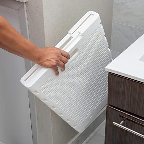 Mind Reader 61L Foldable Laundry Hamper, Clothes Basket, Lid, Wicker Design, Plastic, 18"L x 14.5"W x 21.25"H, White - color: White