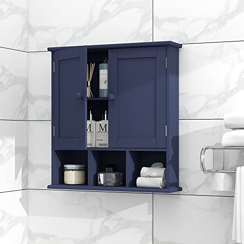 TaoHFE Blue Bathroom Over The Toilet Storage Cabinet,Wall Medicine Cabinet Organizer with 2 Door Adjustable Shelves,Wooden Modern Bathroom Shelves Wall Mounted Laundry Room - color: Blue