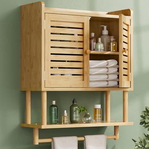 AmazerBath Bathroom Wall Cabinets, Large Bamboo Medicine Cabinets with Towel Bar, Hanging Over Toilet Storage Organizer Cabinet with Adjustable Shelves for Small Spaces, 8.3x21.3x26.6 Inches - color: Natural With Striped Door, size: 21.3" W x 26.6" H