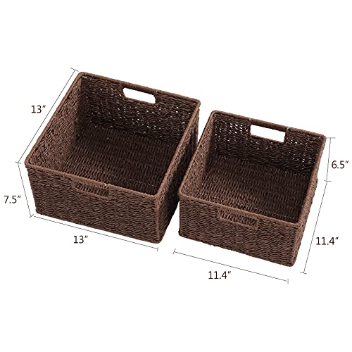 HOONEX Storage Baskets for Organizing, Decorative Round Paper Rope Woven Baskets for Storage with Carrying Handles, Set of 2, Dark Brown - color: Dark Brown, size: 13 x 13 x 7.5 inches