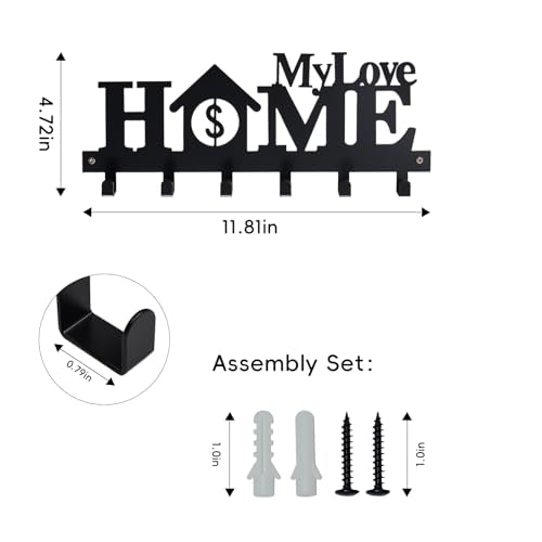 Key Holder Wall Mounted with Screws and Anchors, Black Multifunctional Key Hanger with 6 Hooks, Entryway Front Door Kitchen Hallway Garage Office - color: Home-4 Black