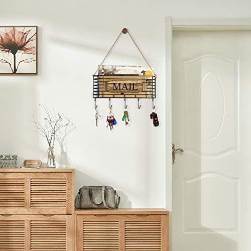 SRIWATANA Mail Holder, Rustic Mail Organizer Wall Mount Hanging Mail Sorter Letter Basket with 5 Key Holder for Wall, Large, Carbonized Black - color: Carbonized Black, size: Large