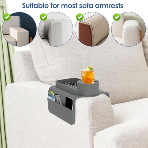 Sofa Armrest Organizer Tray with Cup Holder and Side Pockets, Non-Slip Silicone Caddy for Drinks Remote Control Phone Snacks, Living Room Couch Arm Storage(Grey) - color: Grey
