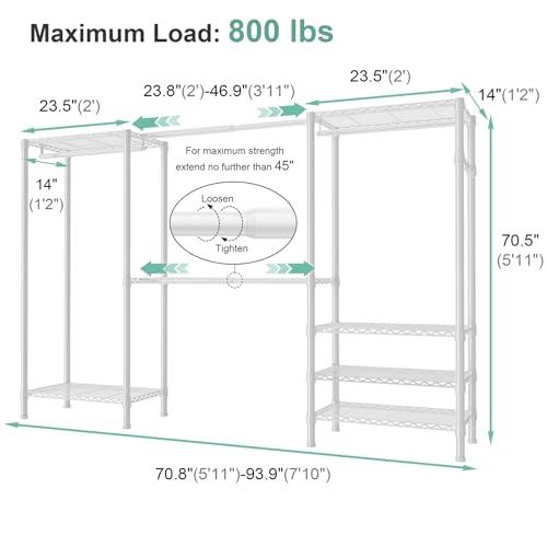 SEMHOR E06 Expandable Heavy Duty Clothes Rack for Reach-in Closet, Freestanding Clothing Racks with Shelves, Carbon Steel Closet Organizer System Adjustable from 70.8-93.9", Max Load 800LBS, White