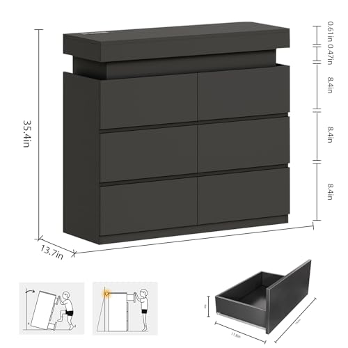 DreamDashio Modern 6 Drawer Dresser with Flip-Top Storage, Chest of Drawers for Closet with Floating LED Lights & Charging Station, Double Wide Drawer Organizer Cabinet for Bedroom, Living Room, Black - color: Black