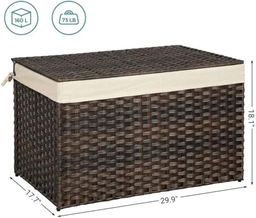 SONGMICS Storage Basket with Lid, Woven Blanket Storage Bin with Handles, Foldable, Removable Liner, Metal Frame, for Bedroom, Laundry Room, 42.3 Gallons (160 L), Brown URST76BR - color: Brown, size: 160 L