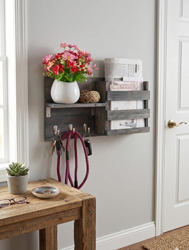 Spiretro Wall-Mounted Key Holder Hooks - Rustic Wood Weathered Grey & Black - Entryway Organizer for Mail, Leashes, and Purses - Floating Shelf, 16.5” W x 9.75" H x 4.5” D - color: Weathered Grey & Black Organizer & Wood Shelf