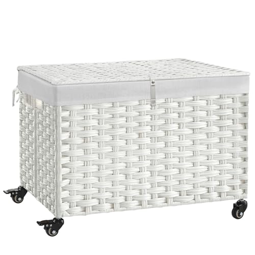 Rolling Storage Basket with Lid, 47.6 Gallon (180L) Storage Bin with Wheels, Woven Rattan Blanket Storage Basket with Handles, Foldable, Metal Frame, Removable Liner for Bedroom, Laundry Room, White - color: White