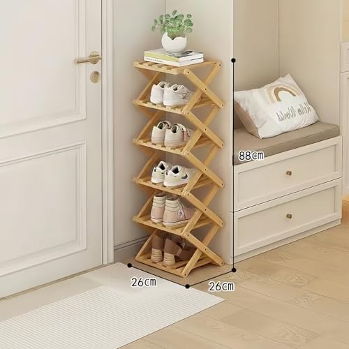 Foldable Shoe Rack, Bamboo Vertical Shoe Organizer Tall for Small Spaces. Multifunctional Narrow Shoe Shelf for Entryway, Closet, Corner, Bedroom, Hallway, Wood Color 6 Layers - size: 6th floor