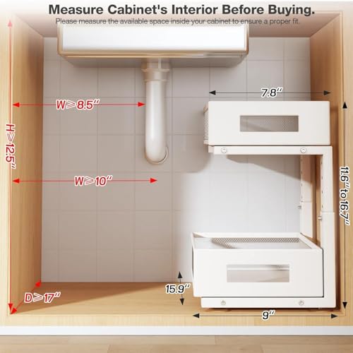 Under Sink Organizer, 2-Tier Dual Pull Out Cabinet Organizer Drawers With Smooth Circular Rail, Large Capacity Metal Mesh Sliding Shelves For Bathroom& Kitchen Storage,Height Adjustable–White,2 Packs - color: White, size: 2 Pack-15.9"Dx11.6"-16.7" H
