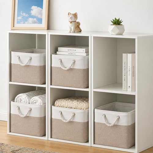 Cube Storage Bins, Collapsible Fabric Storage Cubes Bins, 11 Inch Cube Storage Bins with Handles, Foldable Storage Cubes (White/Beige, 6Pack) - color: white beige