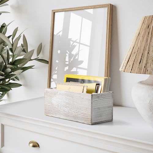 Mail Organizer countertop, Wood Mail Holder 2 Slots, Phone Box with Hidden Charging Port, White Wash Letter Holder, Desk Organizers & Accessories for Home Office Decor