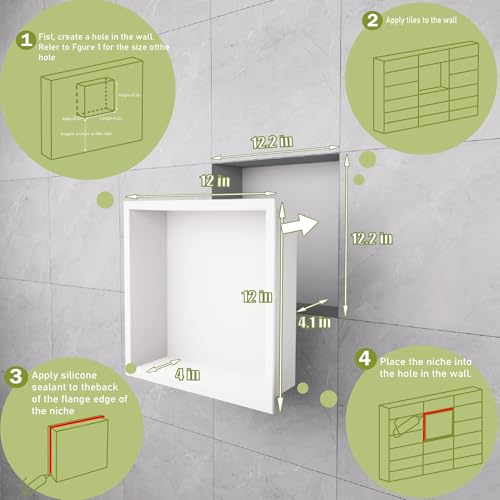 Stainless Steel Shower Niche 12"x12"，Shower Inserts Kit for Bathroom ， Recessed Shower Shelf Organizer for Storage Matte White （12"x12"） - color: White, size: 12 * 12 in