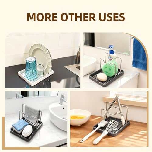 2 in 1 Pot Lid Holder & Spoon Rest for Kitchen Counter, Plastic Utensil Rest with Stainless Steel Pan Lid Holder Organizer While Cooking, Countertop Space Saving Pot Cover Rack | Easy to Clean - color: Gray- 1 Pack