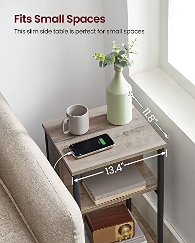 VASAGLE Side Table with Charging Station, 3-Tier End Table with USB Ports and Outlets, Nightstand for Living Room, Bedroom, 11.8 x 13.4 x 22.8 Inches, Plug-in Series, Greige and Black - color: Greige + Black
