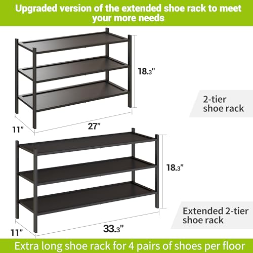 BMOSU 3-Tier Bamboo Extended Shoe Rack Premium Stackable Shoe Shelf Storage Organizer for Hallway Closet Living Room Entryway Organizer(Black) - color: Black, size: 3-Tier Long（33.3*11*18.3inches）