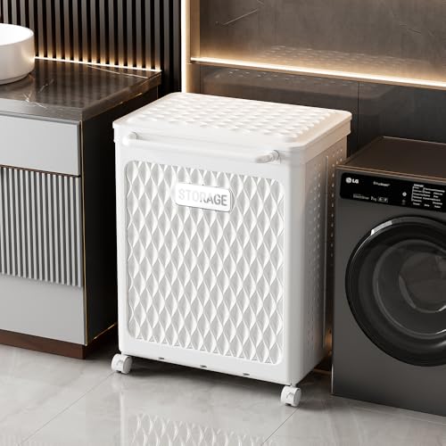 WESAPPINC Rolling Laundry Hamper with Wheels and Lid, Plastic Laundry Basket with Handle, Rolling Divided Cart for Small Spaces, Bathroom, Bedroom, White - color: 100L White