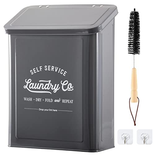 MONJITA Magnetic Lint Bin for Laundry Room, Wall Mounted Lint Trash can with lid for Dryer, Farmhouse Laundry Co Sign, Laundry Room Organization and Storage Decor with Dryer Lint Brush(Grey) - color: Grey