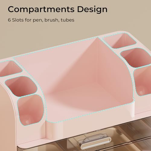 Makeup Organizer for Vanity with 2 Large Drawers, Cosmetic Display Case with Brush Holders, Easy to Storage for Bathroom Countertop Skincare, Perfume, Pink - color: Pink