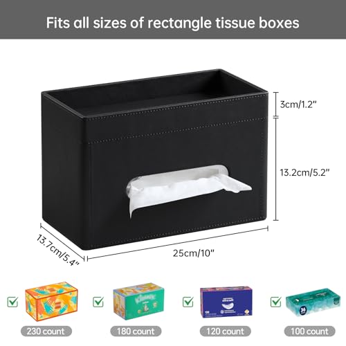 Plus Size Tissue Box Cover Rectangle, PU Leather Tissue Box Holder with Storage Tray, Decorative Organizer Tissue Holder for Bathroom, Bedroom Dresser, Night Stand, Office (Black) - color: Black