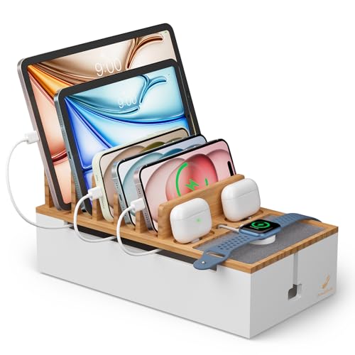 Pezin & Hulin Bamboo Cable Management Box, Wire Organizers for Cords, Charge Station Box, Desktop Dock Organizer Rack for Electronic Device (Include 6 Cables)(No Power Adapter) -Natural + White - color: Natural + White (No Charger)