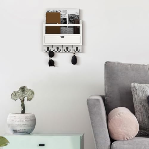 Nekon Mail Organizer with Drawer for Wall, 12"W x 10"H x 3.1"D Mail Sorter Wall Mounted, Wooden Key Holder Wall File Organizer Letter Sorter for Letter Magazines (White) - color: White