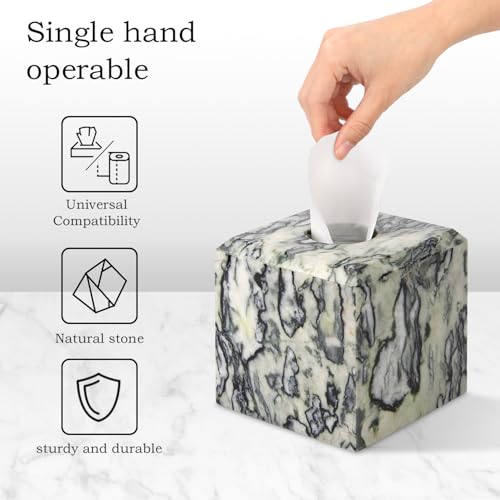 Natural Marble Square Tissue Box Cover ,Stone Modern Decorative Sturdy Napkin Box Holder Case,Facial Paper Organizer for Bathroom Vanity Toilet Countertop,Kitchen (1, Green Emerald, 5.71*5.71*5.51) - color: Green Emerald