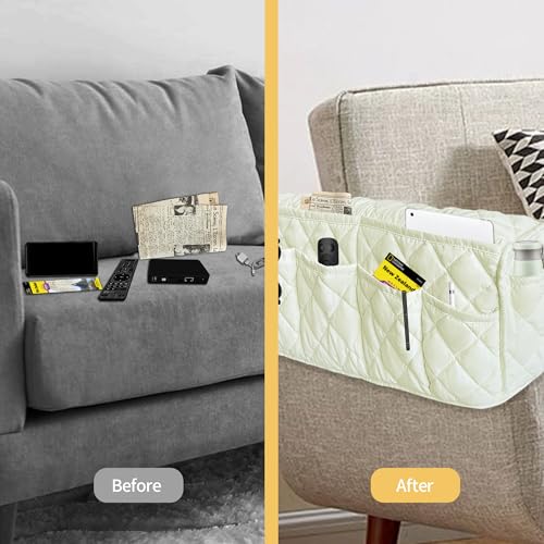 MEHIDFY Armchair Caddy, Waterproof Sofa Armrest Organizer, Non Slip Recliner Organizer, Remote Holder for Recline, Recliner Caddy with 14 Pockets Storage for TV Remote, Phone, Magazine (White) - color: White