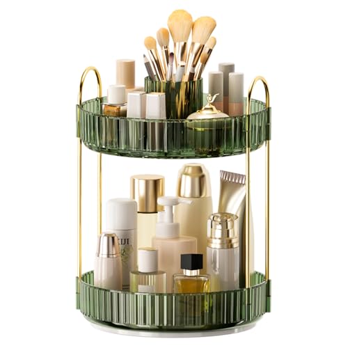 360° Rotating Makeup Organizer, Upgraded 2 Tier Skincare Perfume Organizers for Women, Bathroom Organizer Countertop, Clear Cosmetic Dresser Organizer with Makeup Brush Holder, Sink&Counter (Green) - color: Green, size: 2 Tier