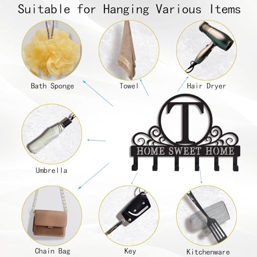 Metal Letter T Key Holder for Wall, Monogram Coat Rack Wall Mount, Key Hooks Perfect for Bathroom, Living Room, Kitchen, Office Ideal Wedding, Anniversary, Housewarming Gift (T) - style: T