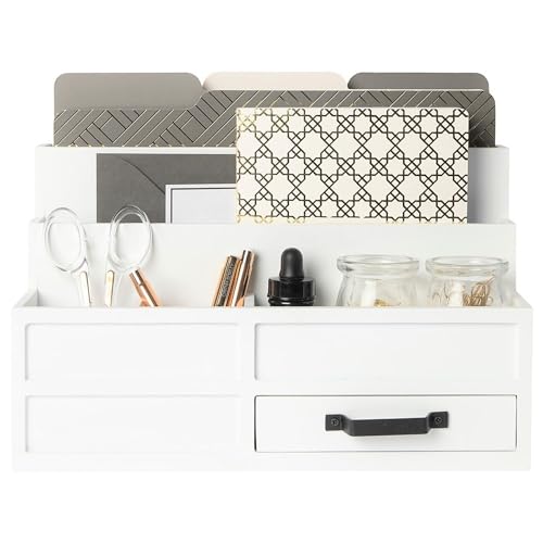 BLU MONACO | White Desktop Organizer with Drawer Storage | Tabletop Organizer with Drawers for Paper Bills Mail | Wooden Mail Organizer for Countertop Workspace | with Drawer, Bill - color: White