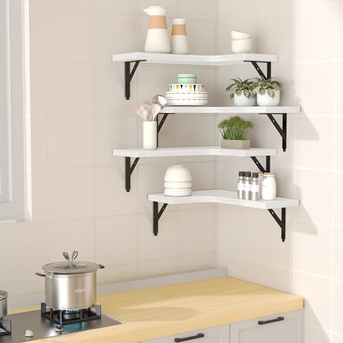 ROMGUAR CRAFT Corner Floating Shelves Wall Mounted Set of 4, Rustic Wood Storage Display Wall Shelves for Home Decor, Bathroom, Kitchen, Bedroom, Living Room, Office (White) - color: White