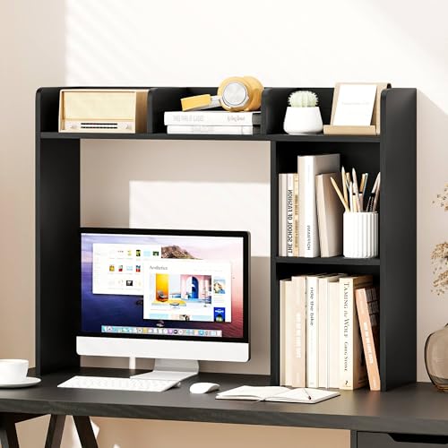 Tangkula Desktop Bookshelf, Countertop Storage Hutch with Shelves for Computer Desk, Desk 3-Tier Display Rack, Multipurpose Wood Desktop Hutch Storage Organizer for Dorm Office (Black,5 Shelves) - color: Black, size: 5 Shelves