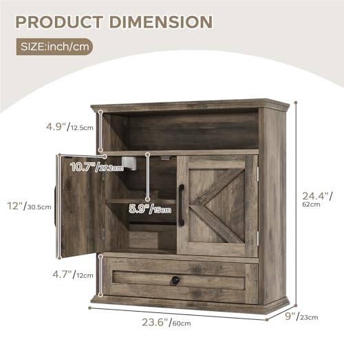 Bathroom Wall Cabinet, Wall Mounted Medicine Cabinet with Drawer, Barn Door & Adjustable Shelf, 24.4"H x 23.6"W x 9"D Grey Over Toilet Farmhouse Storage Cabinet for Kitchen, Laundry, Entryway - color: Grey, size: 24.4"H x 23.6"W x 9"D
