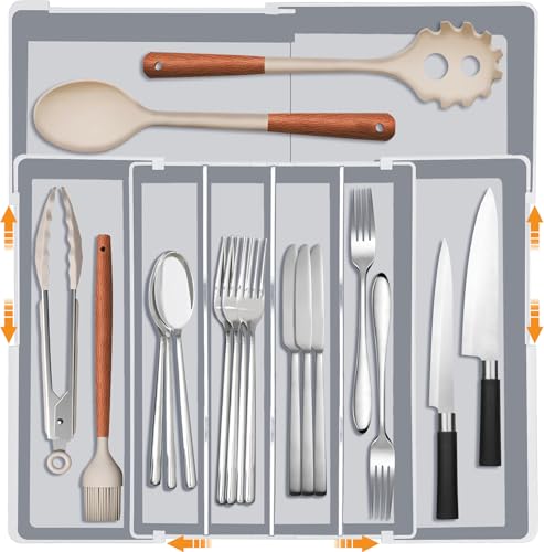 Homecor Silverware Drawer Organizer for Kitchen - Adjustable Utensil Holder Drawer Organizer, BPA Free Flatware and Cutlery Tray, Expandable Plastic Storage for Spoons Forks Knives, Grey - color: Grey, size: Large(10.2-17.2'"W x 13.2-17.9"D)