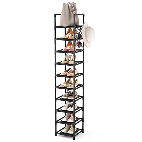 LANTEFUL Tall Narrow Shoe Rack for Entryway, 10-Tier Sturdy Metal Shoe Shelf Storage 10-15 Pairs of Shoes and Boots, Space Saving Corner Shoe Rack Organizer for Closet,Doorway,Garage,Living Room - color: Black, size: 10 tiers