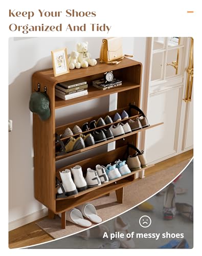 Fluted Shoe Cabinet with 2 Flip Drawers, Narrow Shoe Rack with Open Storage & Hooks, Freestanding Hidden Organizer Shoe Storage for Entryway, Hallway, Walnut