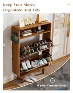 Fluted Shoe Cabinet with 2 Flip Drawers, Narrow Shoe Rack with Open Storage & Hooks, Freestanding Hidden Organizer Shoe Storage for Entryway, Hallway, Walnut